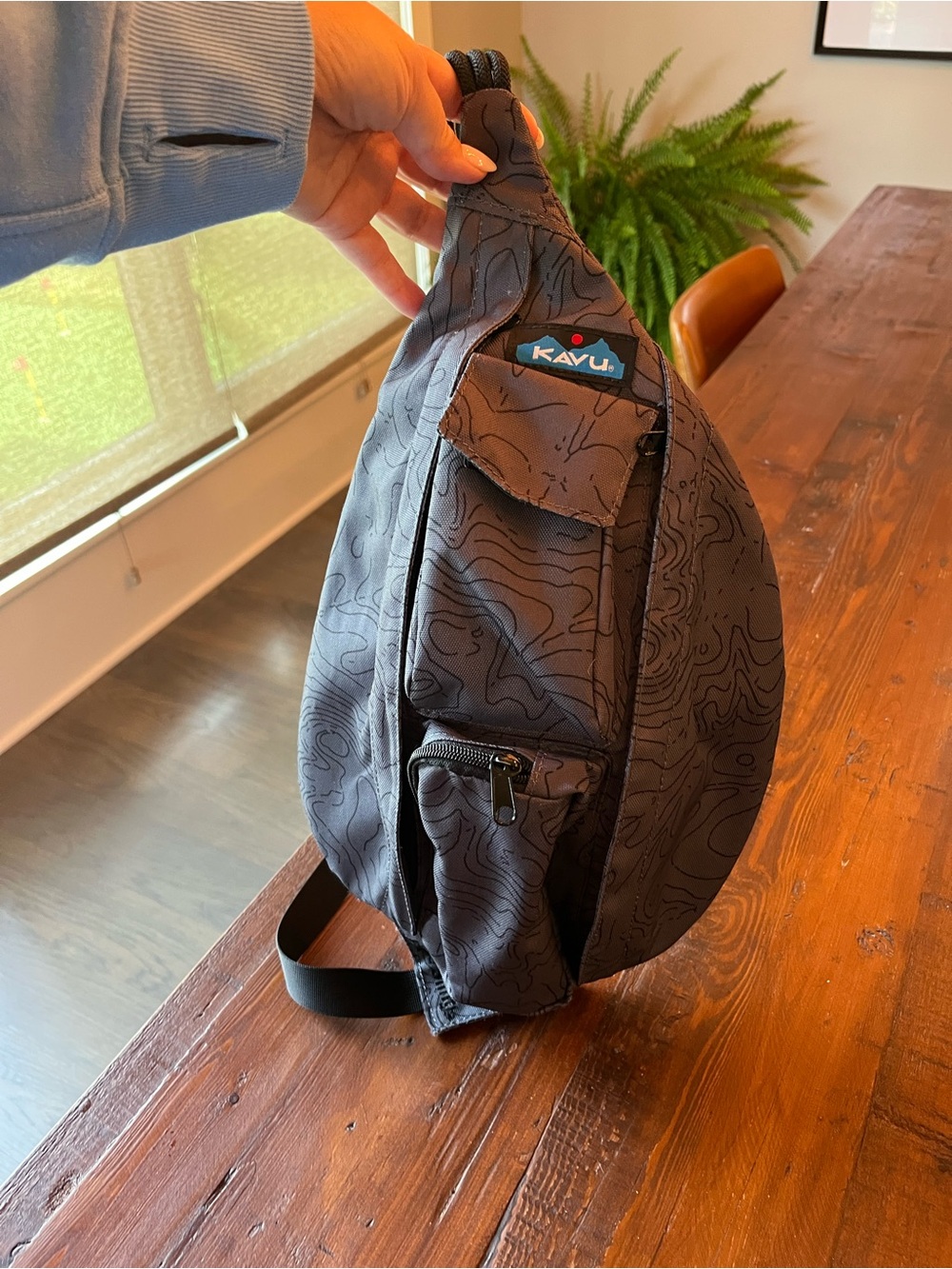 KAVU Rope Sling Bag Black Topo Topographic Crossbody Backpack Hiking Travel